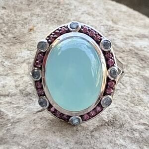 Sterling Silver, Blue Chalcedony, Amethyst & Topaz Ring Size 9 by KHR India